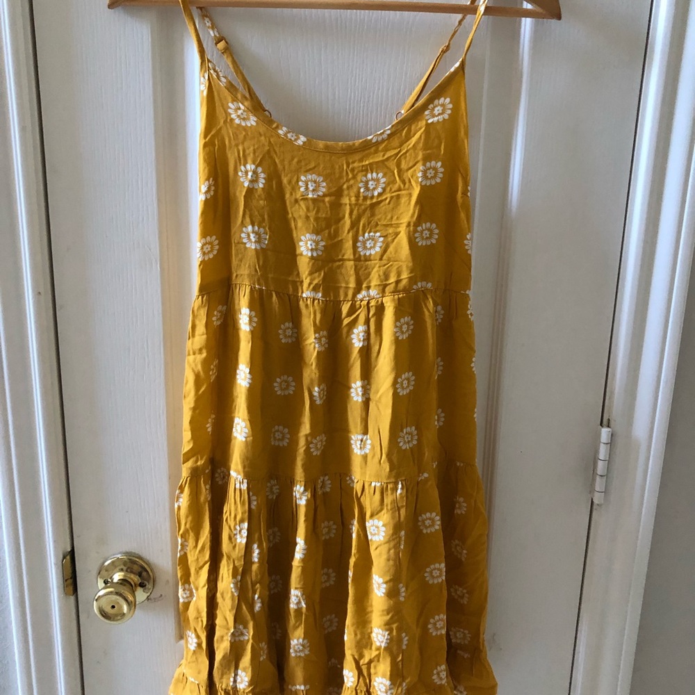 NWT floral yellow mustard short tiered dress boho spring